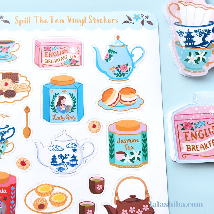 Spill The Tea Sticker Sheet, High Tea Stickers, Journaling Stickers, Stationery, Shipped, Vinyl Stickers
