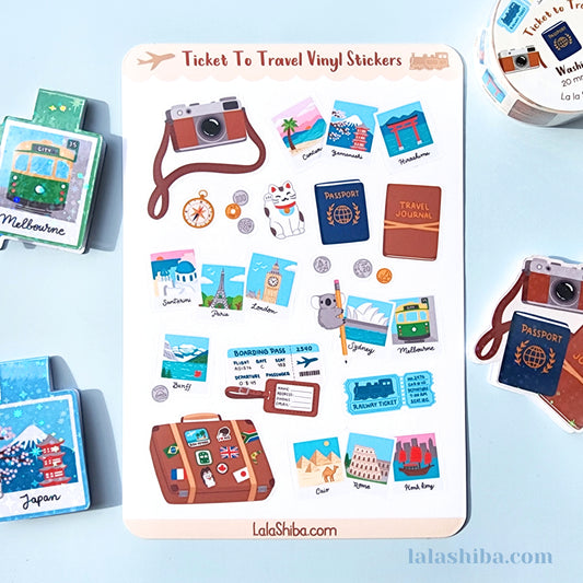 Ticket To Travel Vinyl Sticker Sheet, Vacation Stickers, Journaling Stickers, Stationery, Shipped, Vinyl Stickers