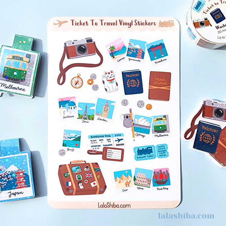 Ticket To Travel Vinyl Sticker Sheet, Vacation Stickers, Journaling Stickers, Stationery, Shipped, Vinyl Stickers